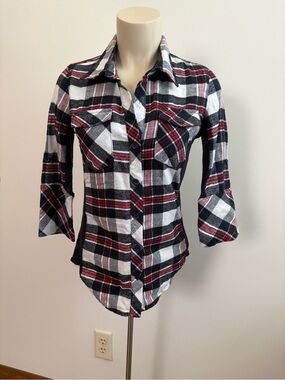 Ci Sono Women's Plaid Button Down Shirt - Black, Red, White, Blue Size Small